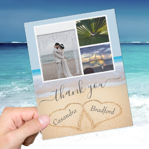 Dusty Blue Tropical Beach Hearts in Sand Wedding Dankeskarte