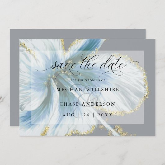 Dusty Blue Tropical Blume Watercolor Save The Date (Vorne/Hinten)