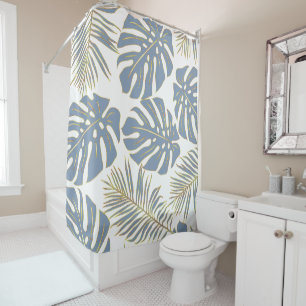 Dusty blue tropical leaves with gold outline duschvorhang
