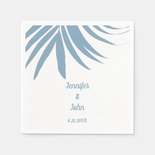Dusty Blue Tropical Palm Leaf Beach Hochzeit Serviette (Vorderseite)