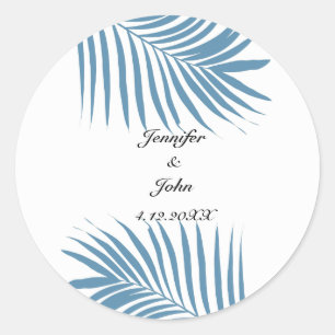 Dusty Blue Tropical Palm Tree Blätter Name Wedding Runder Aufkleber