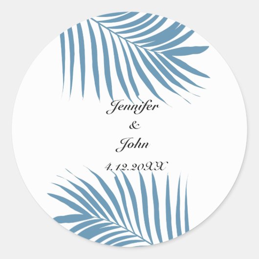 Dusty Blue Tropical Palm Tree Blätter Name Wedding Runder Aufkleber (Vorderseite)