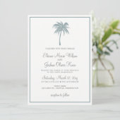 Dusty Blue Tropical Palm Tree Hochzeiten Einladung (Stehend Vorderseite)