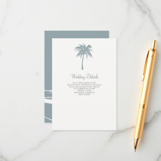 Dusty Blue Tropical Palm Tree Wedding Begleitkarte (Vorderseite/Rückseite Beispiel)