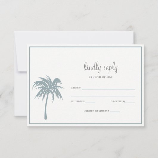 Dusty Blue Tropical Palm Tree Wedding rsvp Karte (Vorderseite)