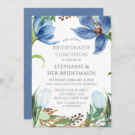 Dusty Blue Tulip Peony Bridesmaids Luncheon Einladung (Vorne/Hinten)