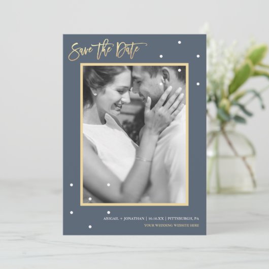 Dusty Blue Two Foto mit Dots Save the Date (Stehend Vorderseite)