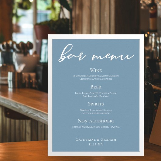 Dusty Blue Typografy Wedding Bar Menu Poster