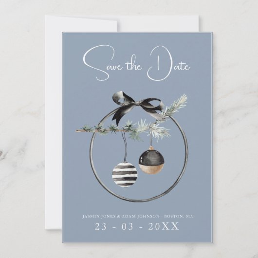 Dusty Blue und Black Christmas Baubles Save The Date (Vorderseite)