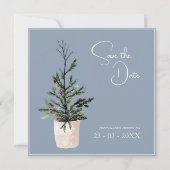 Dusty Blue und Black Christmas Tree Wedding Save The Date (Vorderseite)