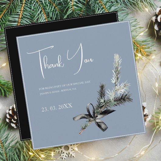 Dusty Blue und Black Christmas Twig Wedding Dankeskarte