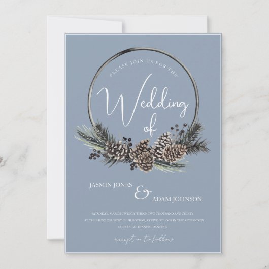 Dusty Blue und Black Christmas Wreath Wedding Einladung (Vorderseite)