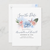 Dusty Blue und Blush Beach Save the Date Ankündigungspostkarte (Vorne/Hinten)
