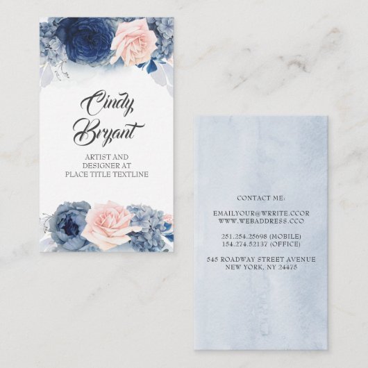 Dusty Blue und Blush Pink Blume Elegant Stilvoll Visitenkarte (Vorne/Hinten)