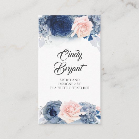 Dusty Blue und Blush Pink Blume Elegant Stilvoll Visitenkarte (Vorderseite)