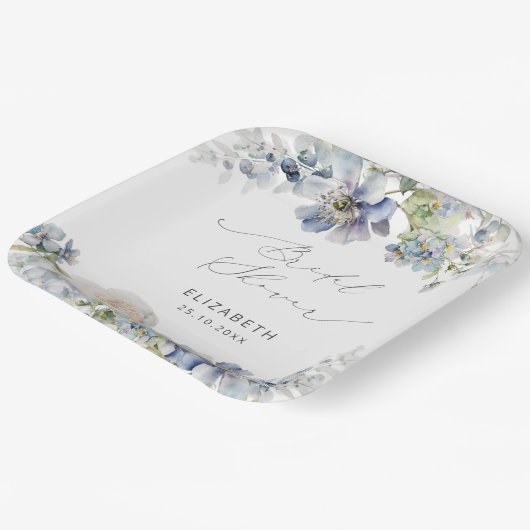 Dusty Blue und Blush Pink Flora Brautparty Pappteller (Gewinkelt)