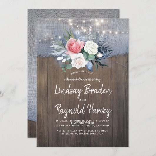 Dusty Blue und Blush Rustikale Probe Abendessen Einladung (Vorne/Hinten)