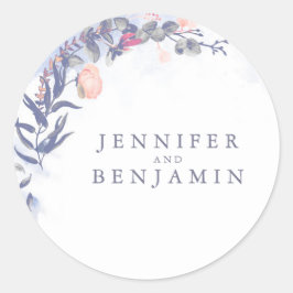 Dusty Blue und Blush Watercolor Blume Hochzeit Runder Aufkleber