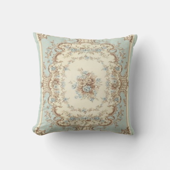 Dusty Blue und Brown Floral Oriental Kissen (Vorderseite)