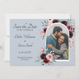 Dusty Blue und Burgund Blume Foto Wedding Save The Date