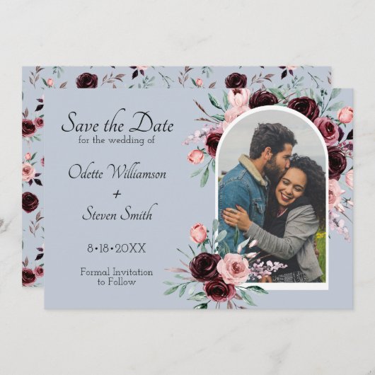 Dusty Blue und Burgund Blume Foto Wedding Save The Date (Vorne/Hinten)
