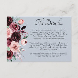 Dusty Blue und Burgund Blume Hochzeitdetails Begleitkarte