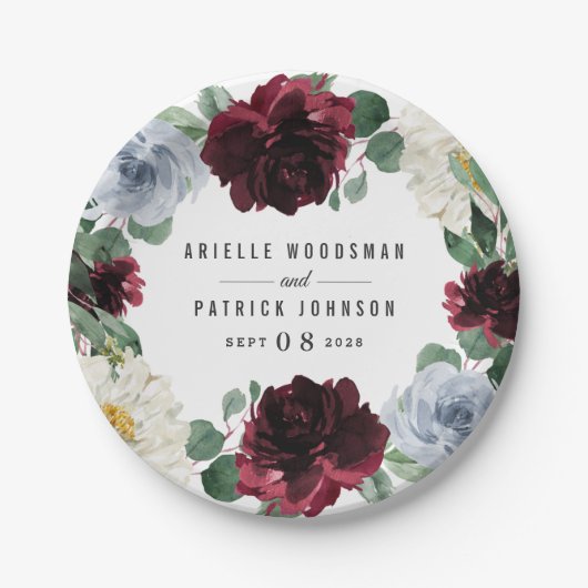 Dusty Blue und Burgund Cranberry Fall Event Pappteller (Vorderseite)