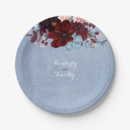 Dusty Blue und Burgund Floral Watercolor Pappteller