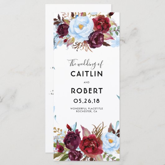 Dusty Blue und Burgund Floral Weddings Programme (Vorne/Hinten)