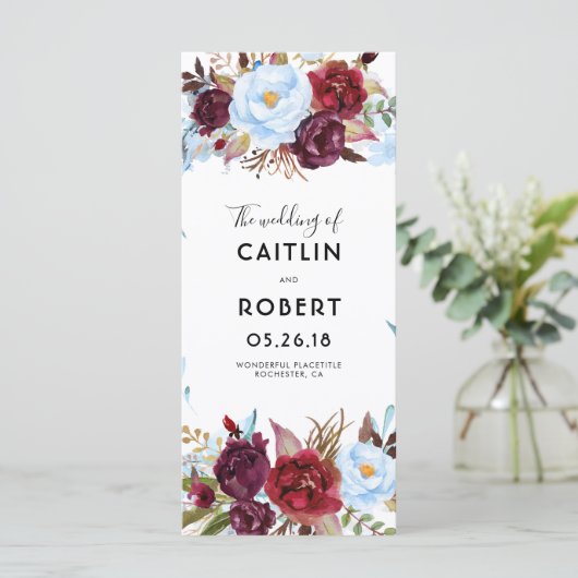 Dusty Blue und Burgund Floral Weddings Programme (Stehend Vorderseite)