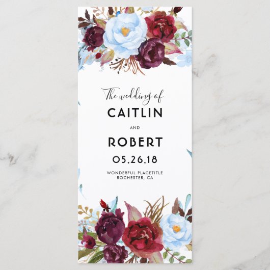 Dusty Blue und Burgund Floral Weddings Programme (Vorderseite)