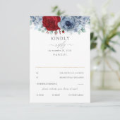 Dusty Blue und Burgund Red Floral Wedding RSVP (Stehend Vorderseite)