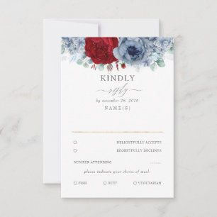 Dusty Blue und Burgund Red Floral Wedding RSVP Karte