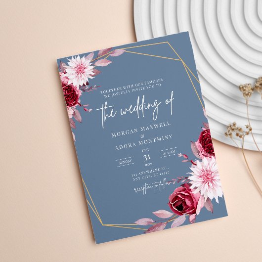 Dusty Blue und Burgundy Gold Geometric Wedding Einladung