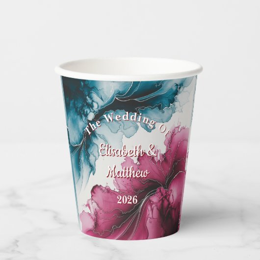 Dusty Blue und Burgundy Swirl Wedding Pappbecher (Vorderseite)