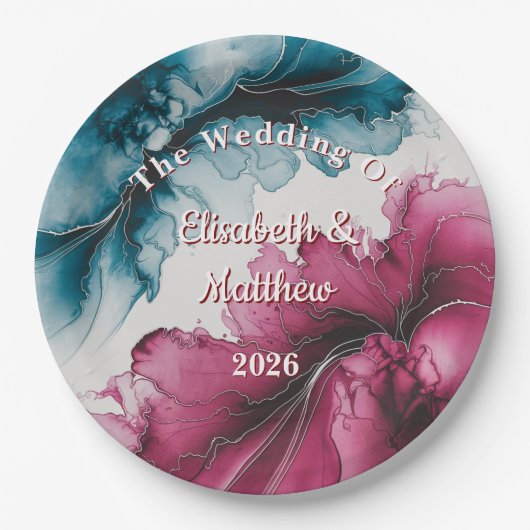 Dusty Blue und Burgundy Swirl Wedding Pappteller (Vorderseite)