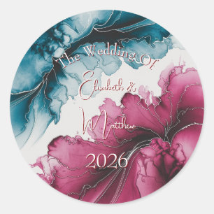 Dusty Blue und Burgundy Swirl Wedding Runder Aufkleber