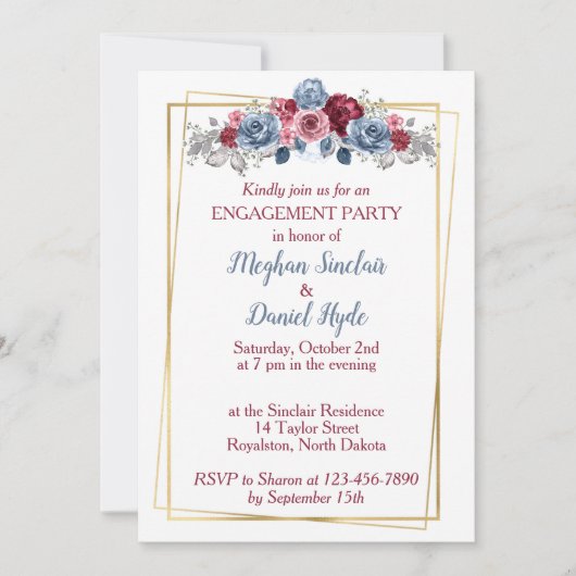 Dusty Blue und Burgundy Wedding Engagement Party Einladung (Vorderseite)