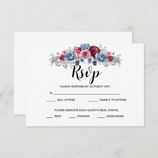 Dusty Blue und Burgundy Wedding RSVP (Vorne/Hinten)