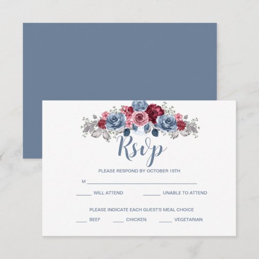 Dusty Blue und Burgundy Wedding RSVP Enclosure Karte (Vorne/Hinten)