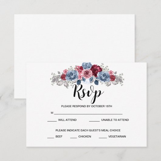 Dusty Blue und Burgundy Wedding RSVP Karte (Vorne/Hinten)