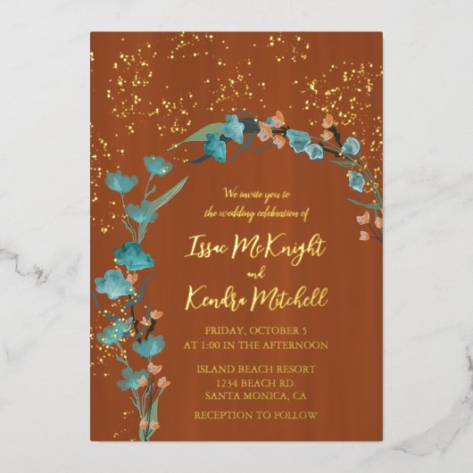 Dusty blue und Burnt Orange Botanical Floral Arch Folieneinladung (Vorderseite)