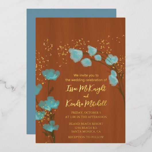 Dusty blue und Burnt Orange Botanical Floral Folieneinladung (Vorderseite/Rückseite)