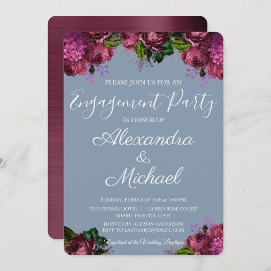 Dusty Blue und Cranberry Burgundy Engagement Party Einladung (Vorne/Hinten)