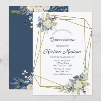 Dusty Blue und Cream Floral Quinceañera Geburtstag Einladung