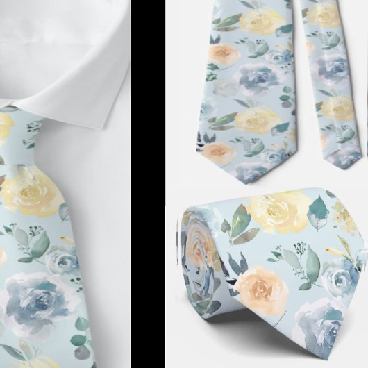 Dusty Blue und Cream Floral Rose Aquarell Krawatte