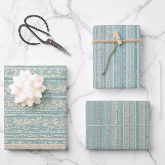 Dusty Blue und Cream Striping Geschenkpapier Set (Vorderseite)