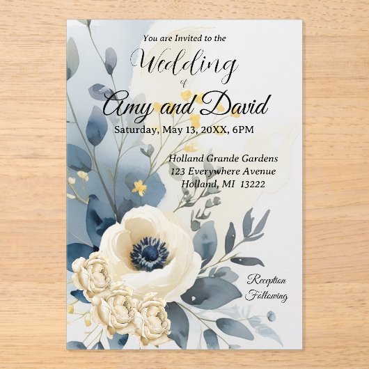 Dusty Blue und Creme Wedding Einladung Acrylic (Vorderseite)