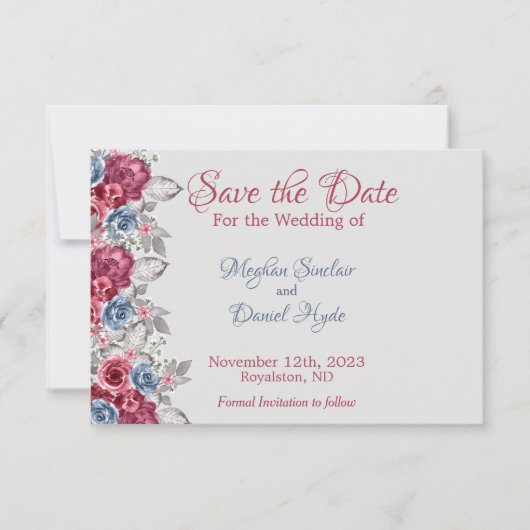 Dusty Blue und Deep Burgundy Floral Save the Date (Vorderseite)