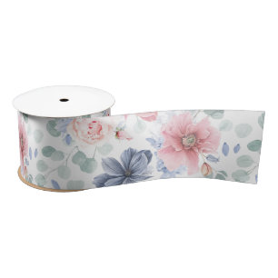 Dusty Blue und Dusty Rose Botanisches Muster Satinband